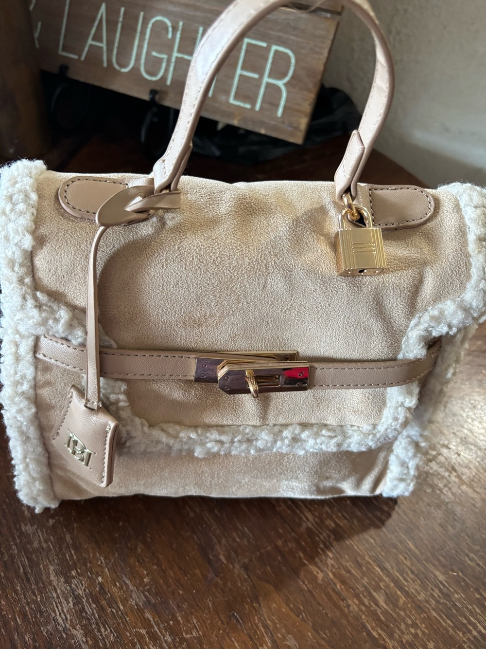 Bagley Mischka Beige Shearling Trim Satchel Handbag with Gold Hardware